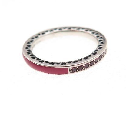 Pandora 925 Sterling Silver Enamel & Pink C Z Radiant Hearts Band Ring Size 6