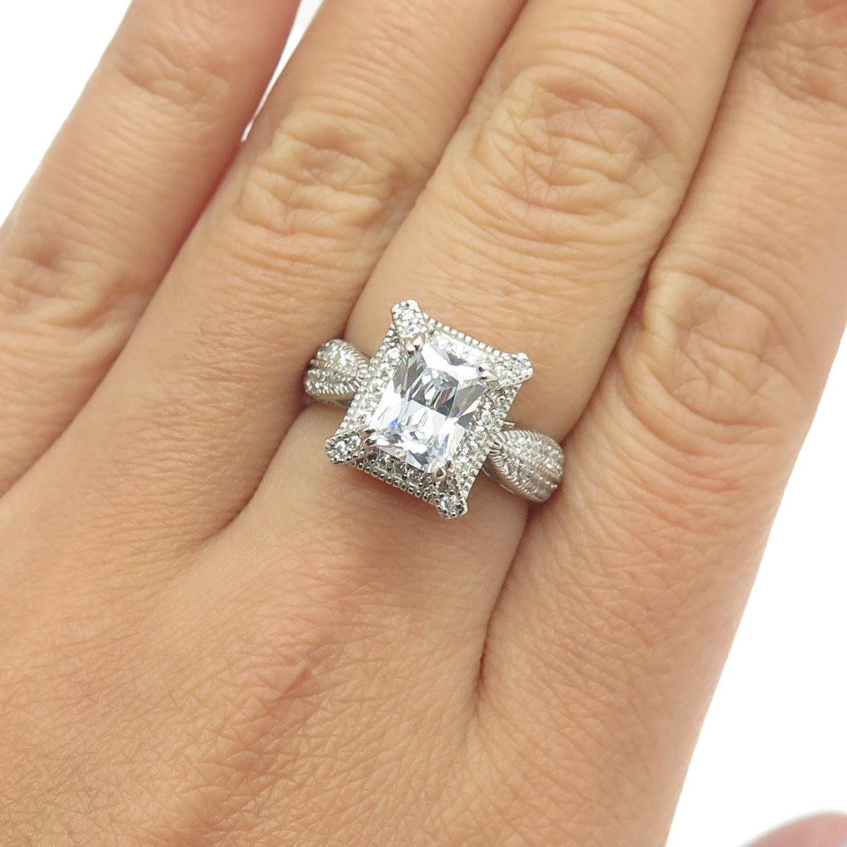 925 Sterling Silver Radiant-Cut C Z Engagement Ring Size 7.25