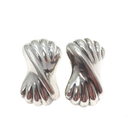 925 Sterling Silver Vintage Modernist Ribbed Bow Oxidized Earrings