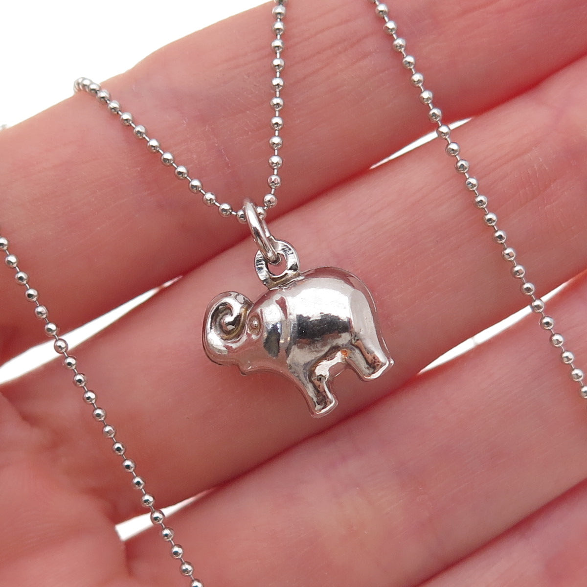 925 Sterling Silver Italy Elephant Ball Beaded Chain Necklace 16-18"