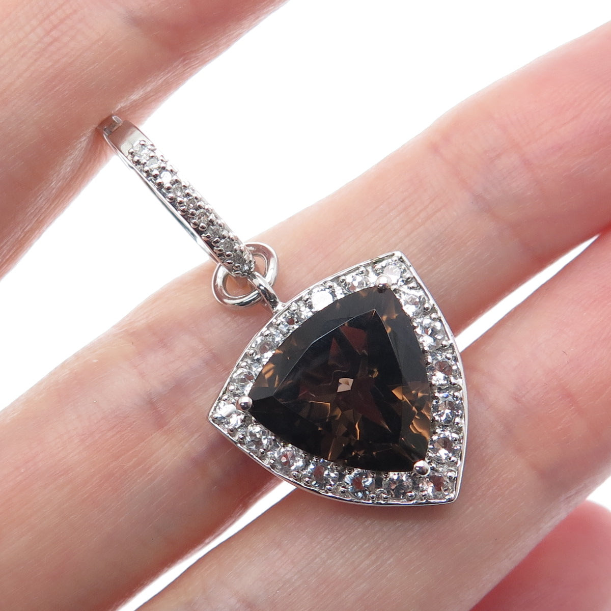 FADI 925 Sterling Silver Real Triangle-Cut Smoky Quartz & Round-Cut C Z Pendant