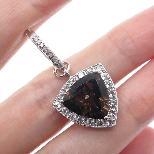 FADI 925 Sterling Silver Real Triangle-Cut Smoky Quartz & Round-Cut C Z Pendant