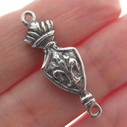800 Silver Antique Roman Crown & Fleur de Lis Symbol Oxidized Charm Pendant