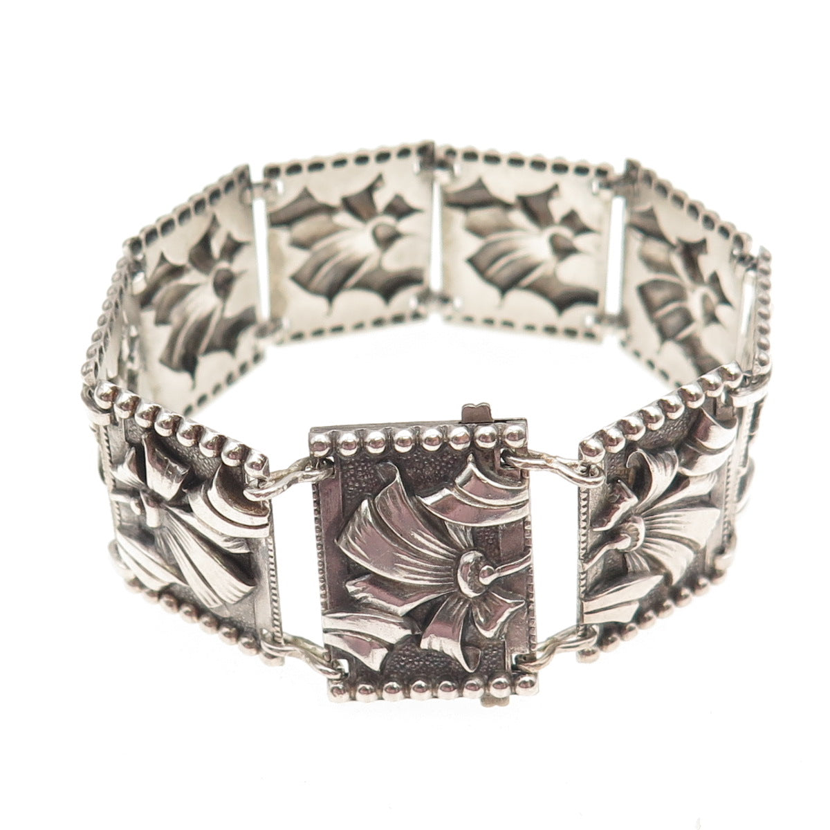 925 Sterling Silver Antique Art Deco Floral Oxidized Panel Link Bracelet 6.25"