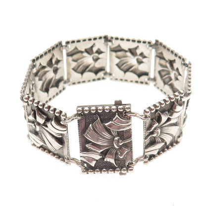 925 Sterling Silver Antique Art Deco Floral Oxidized Panel Link Bracelet 6.25"