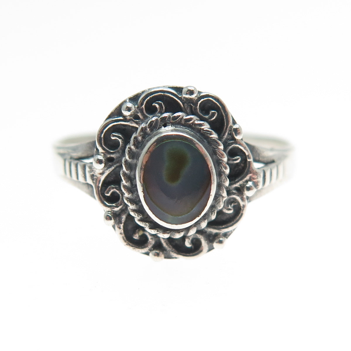 925 Sterling Silver Vintage Real Abalone Shell Flower Oxidized Ring Size 7.5