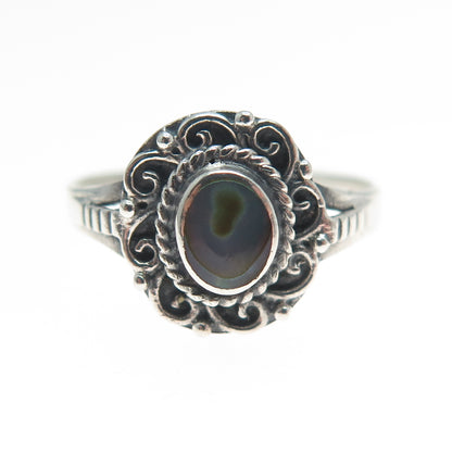 925 Sterling Silver Vintage Real Abalone Shell Flower Oxidized Ring Size 7.5