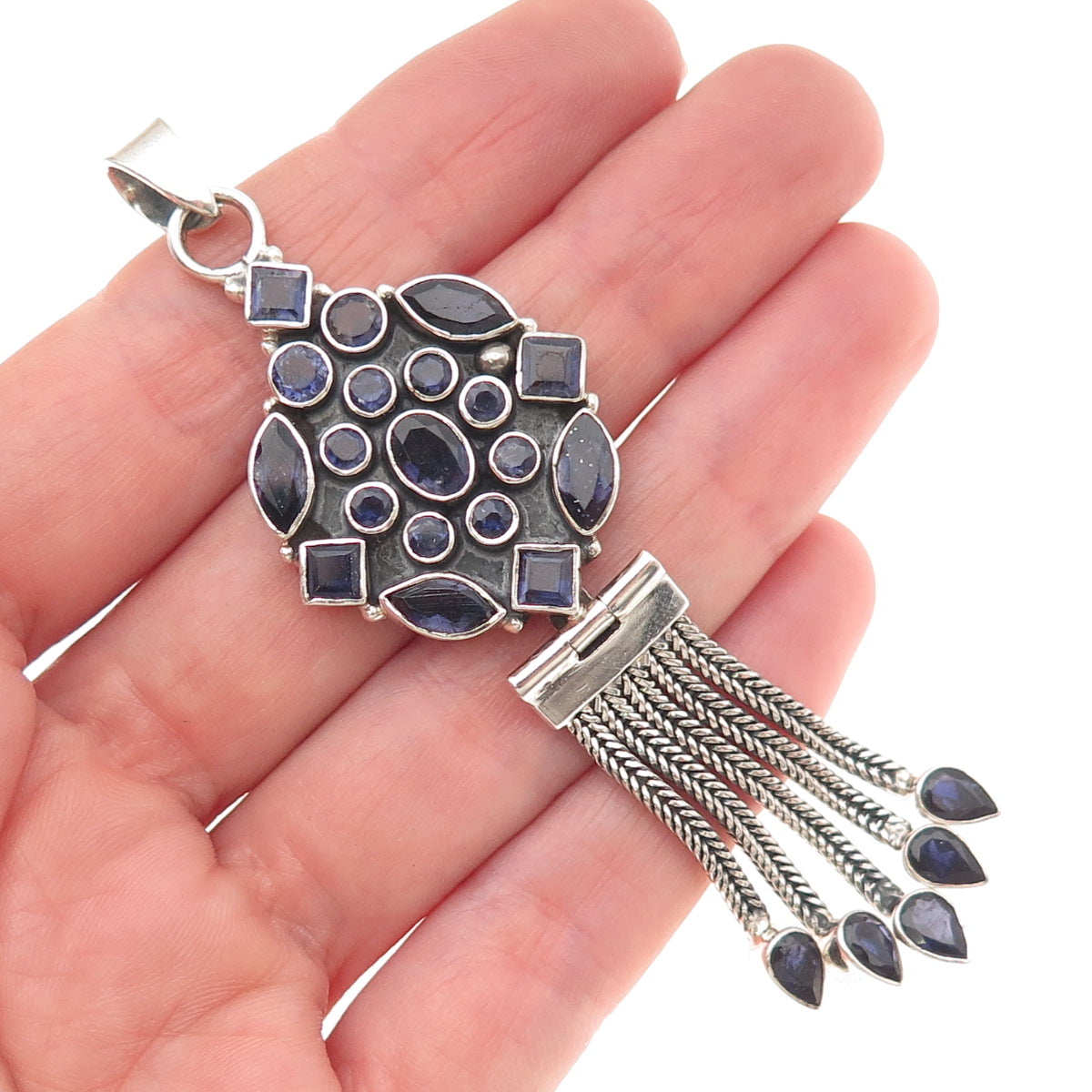 925 Sterling Silver Vintage Real Iolite Modernist Tassel Oxidized Pendant