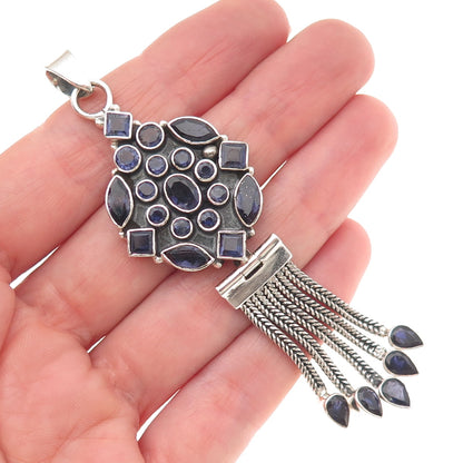 925 Sterling Silver Vintage Real Iolite Modernist Tassel Oxidized Pendant