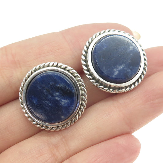 MIGUEL GARCIA 925 Sterling Silver Vintage Mexico Sodalite Clip On Round Earrings