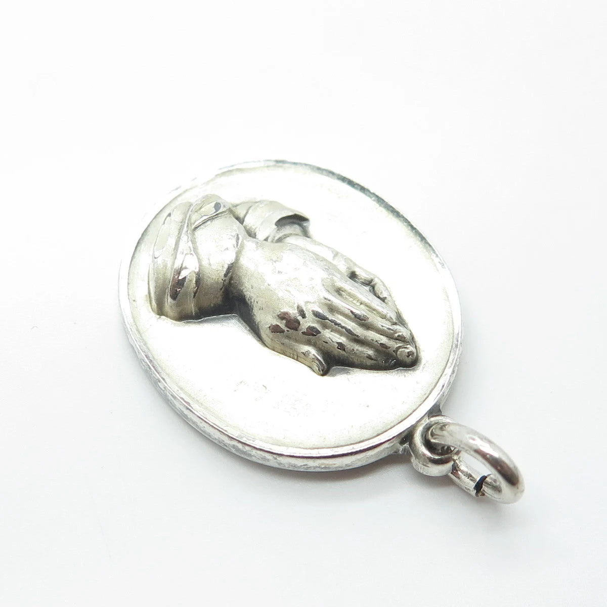 925 Sterling Silver Vintage M De Jean Praying Hands Medal Charm Pendant