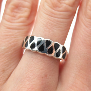 925 Sterling Silver Vintage Real Black Onyx Modernist Zig Zag Ring Size 7.75