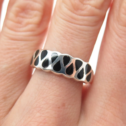 925 Sterling Silver Vintage Real Black Onyx Modernist Zig Zag Ring Size 7.75