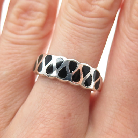 925 Sterling Silver Vintage Real Black Onyx Modernist Zig Zag Ring Size 7.75