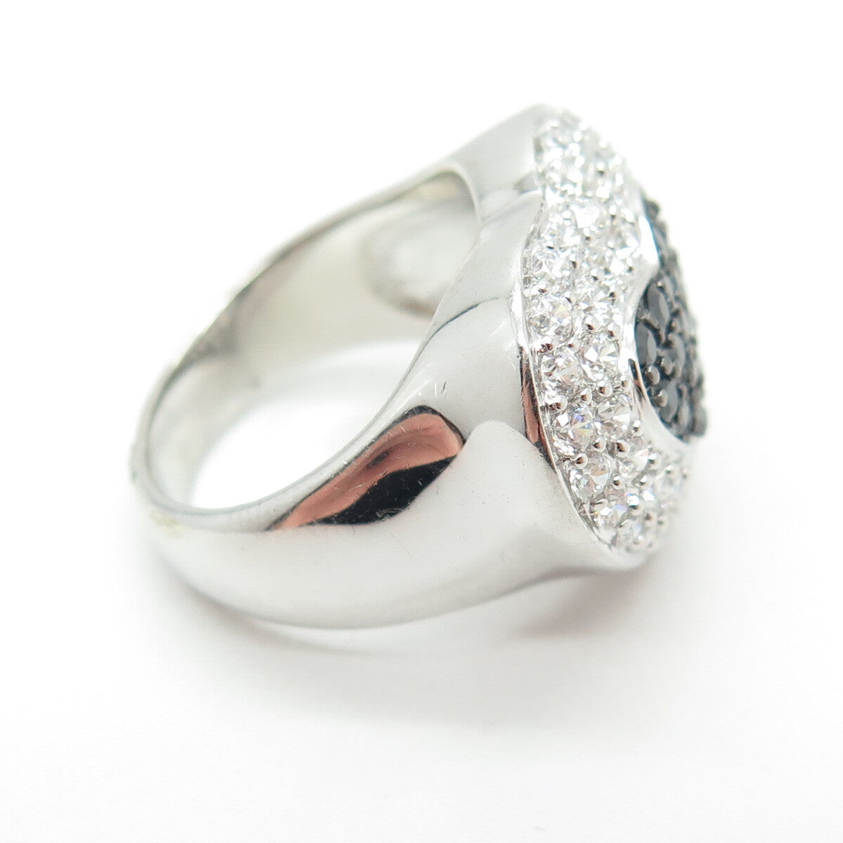 925 Sterling Silver Real Round-Cut Black Spinel & C Z Heart Ring Size 7.5