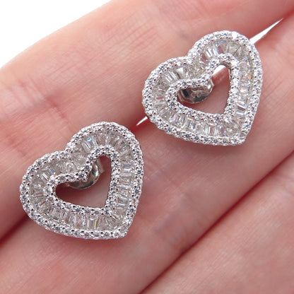 925 Sterling Silver Round & Tapered Baguette-Cut C Z Heart Stud Earrings