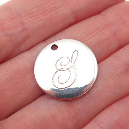 TIFFANY & CO. 925 Sterling Vintage Engraved Letter S Round Tag Charm Pendant