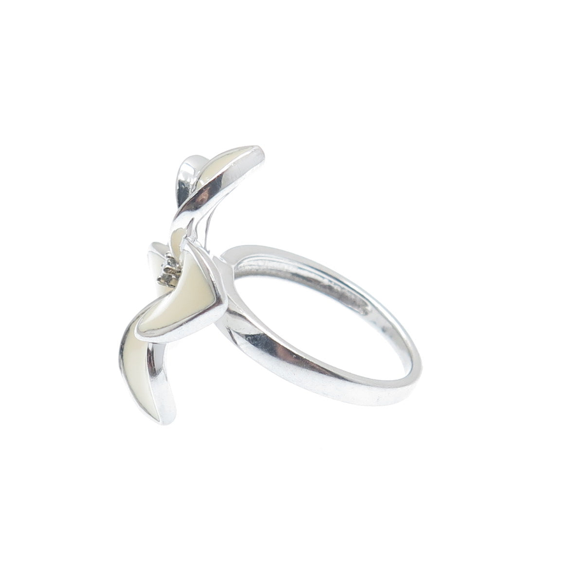 925 Sterling Silver Enamel Real Diamond Hawaiian Plumeria Flower Ring Size 7