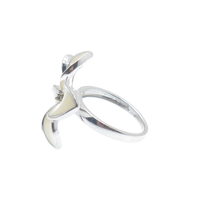 925 Sterling Silver Enamel Real Diamond Hawaiian Plumeria Flower Ring Size 7