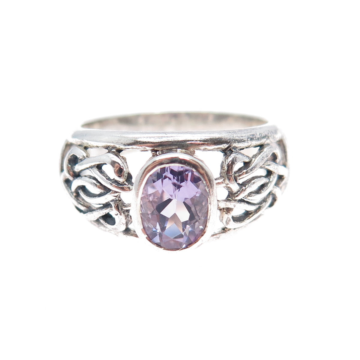 925 Sterling Silver Vintage Real Amethyst Celtic Knot Oxidized Ring Size 9
