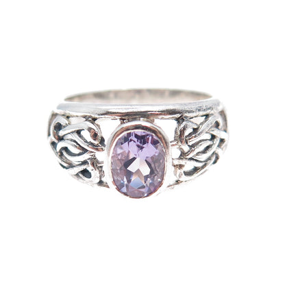 925 Sterling Silver Vintage Real Amethyst Celtic Knot Oxidized Ring Size 9