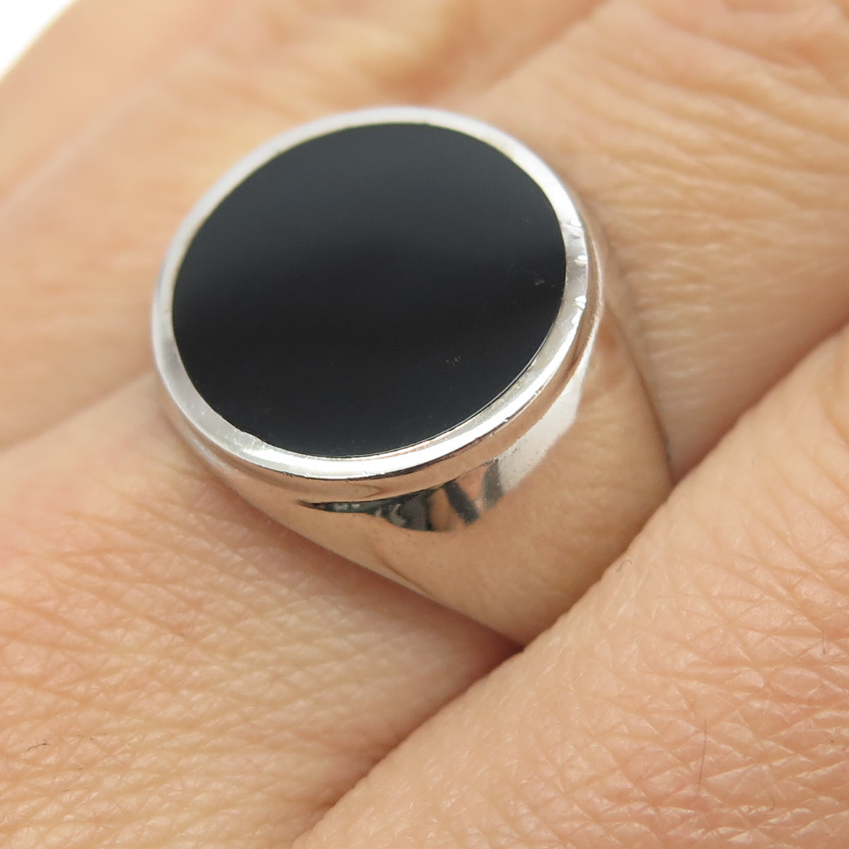 925 Sterling Silver Real Round-Cut Black Onyx Signet Ring Size 10.25