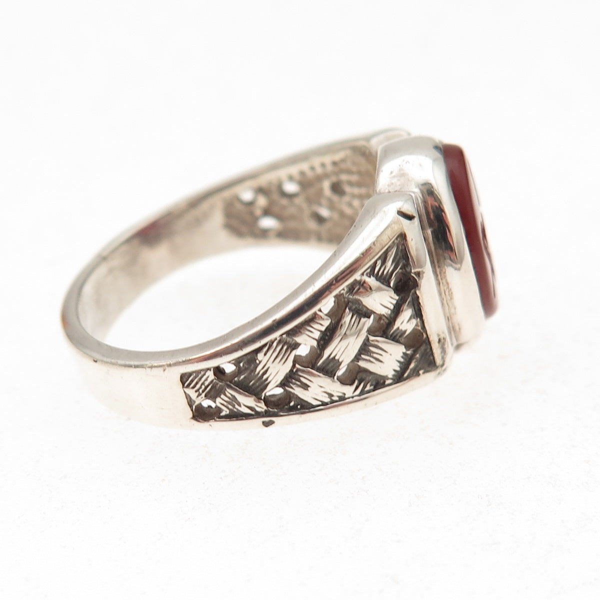 925 Sterling Silver Vintage Real Carnelian Masonic Oxidized Ring Size 8.75