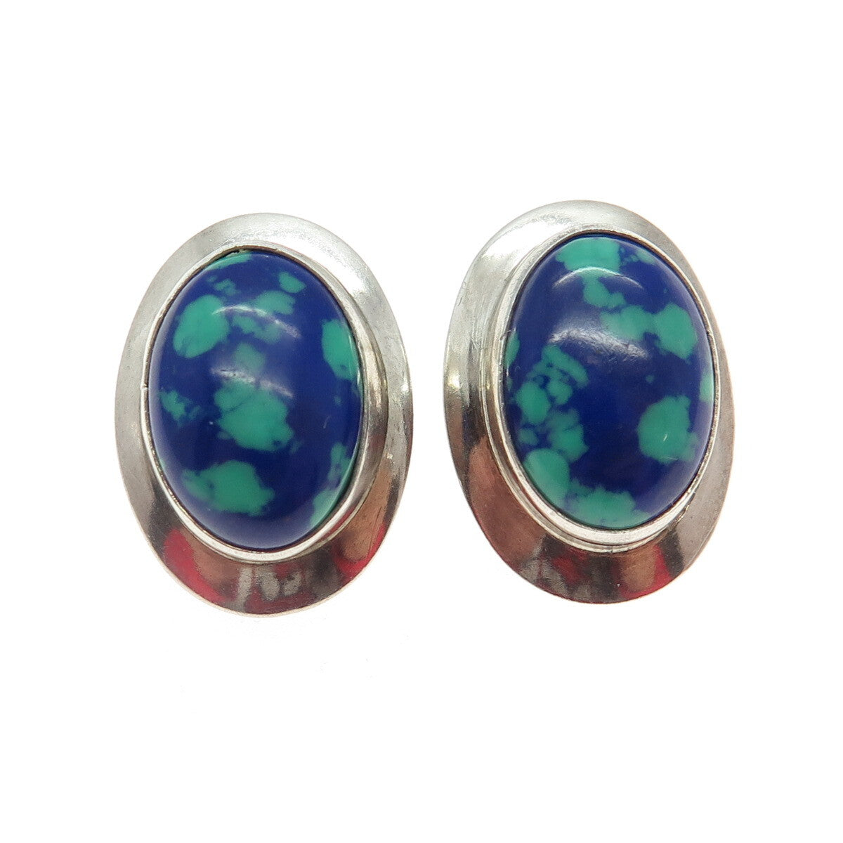 925 Sterling Silver Vintage Real Azurite Gemstone Modernist Oval Earrings