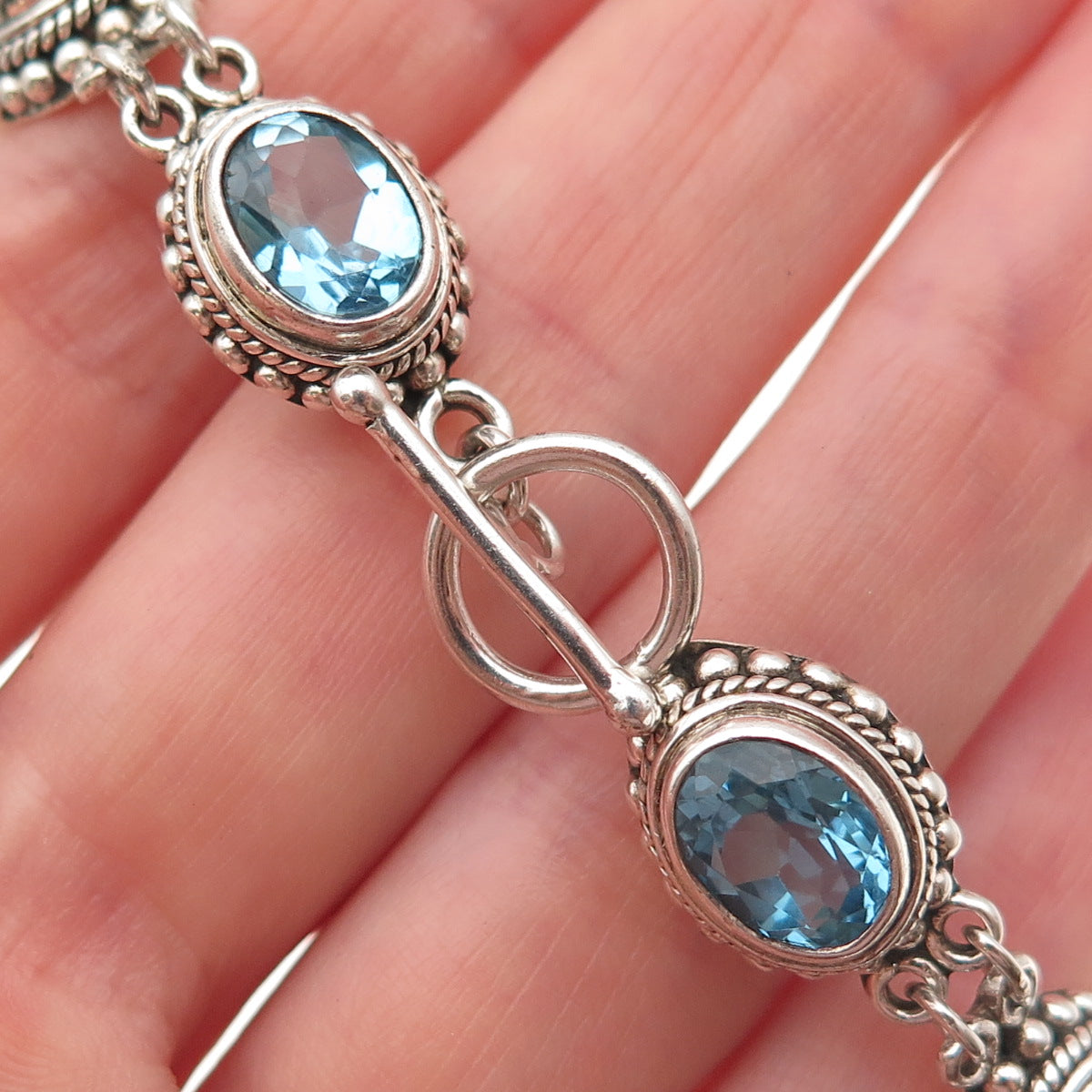 Suarti Bali 925 Sterling Silver Vintage Real Blue Topaz Beaded Bracelet 6.5"