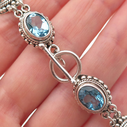 Suarti Bali 925 Sterling Silver Vintage Real Blue Topaz Beaded Bracelet 6.5"