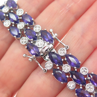 FADI 925 Sterling Real Round-Cut Diamond & Marquise-Cut Amethyst Bracelet 7.25"
