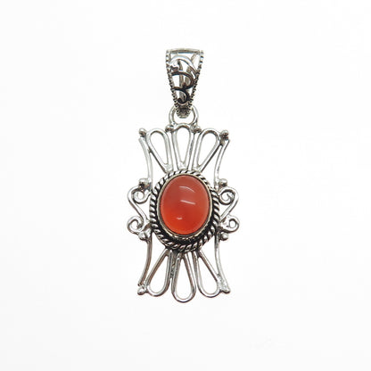 925 Sterling Silver Vintage Real Agate Ornate Oxidized Charm Pendant