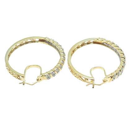 925 Sterling Silver Gold Plated Real Round-Cut Diamond Ornate Hoop Earrings