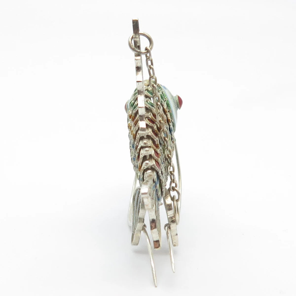 925 Sterling Silver Antique Enamel Chinese Koi Fish Articulated Chatelaine Fob