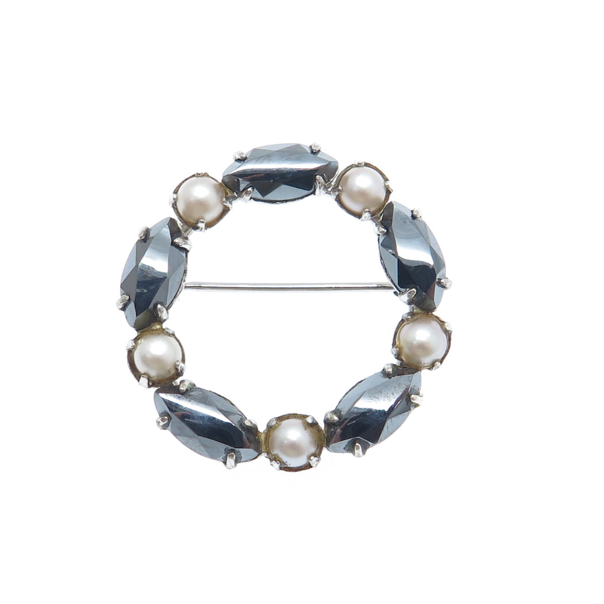 SORRENTO 925 Sterling Silver Vintage Real Hematite & Pearl Circle Pin Brooch