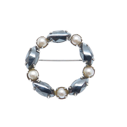 SORRENTO 925 Sterling Silver Vintage Real Hematite & Pearl Circle Pin Brooch