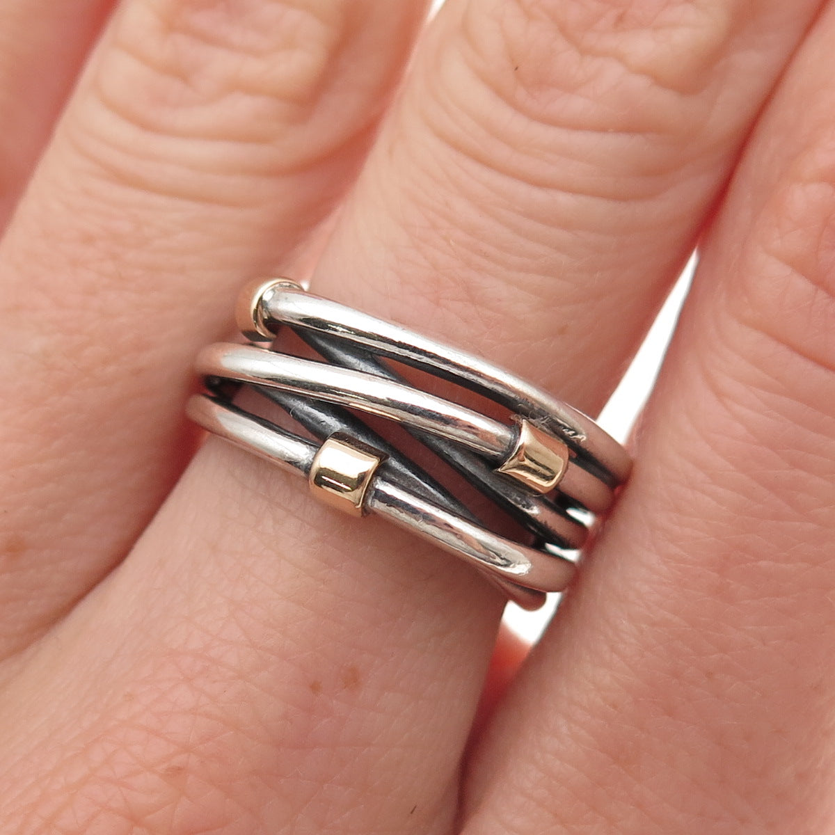 Pandora 925 Sterling Silver & Gold Accent Rope Crisscross Ring Size 7