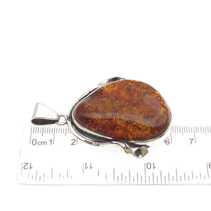 925 Sterling Silver Vintage Real Amber Modernist Oxidized Pendant