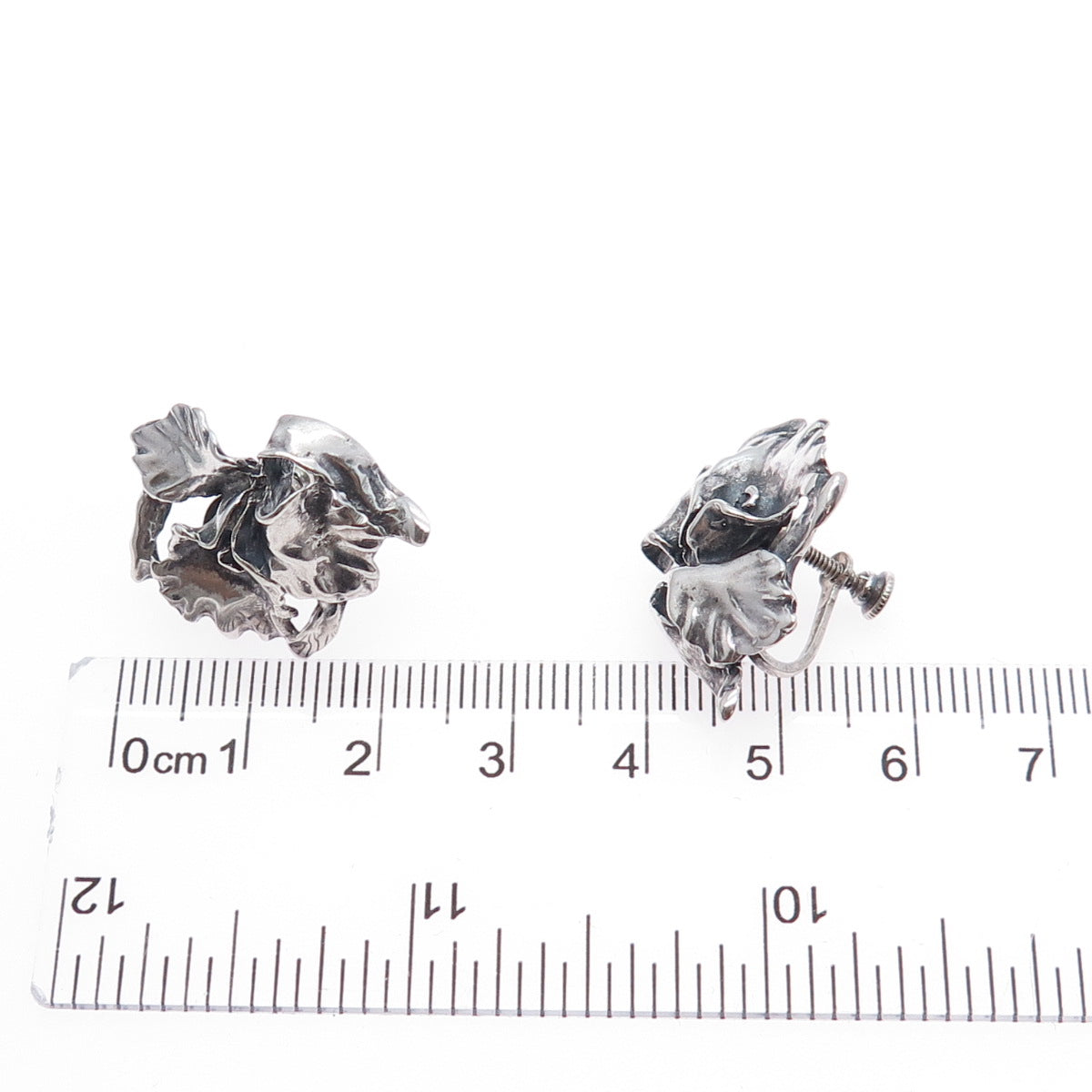 925 Sterling Silver Vintage Calla Lily Flower Oxidized Screw Back Earrings