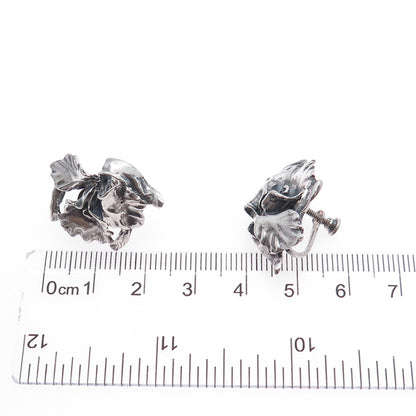 925 Sterling Silver Vintage Calla Lily Flower Oxidized Screw Back Earrings