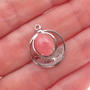 Wells Sterling Silver Antique Art Deco Real Rose Quartz Filigree Mini Pendant