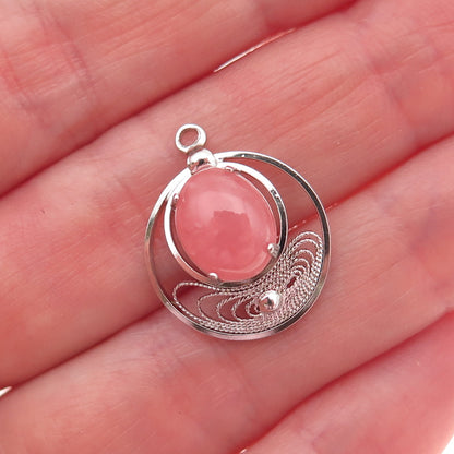 Wells Sterling Silver Antique Art Deco Real Rose Quartz Filigree Mini Pendant