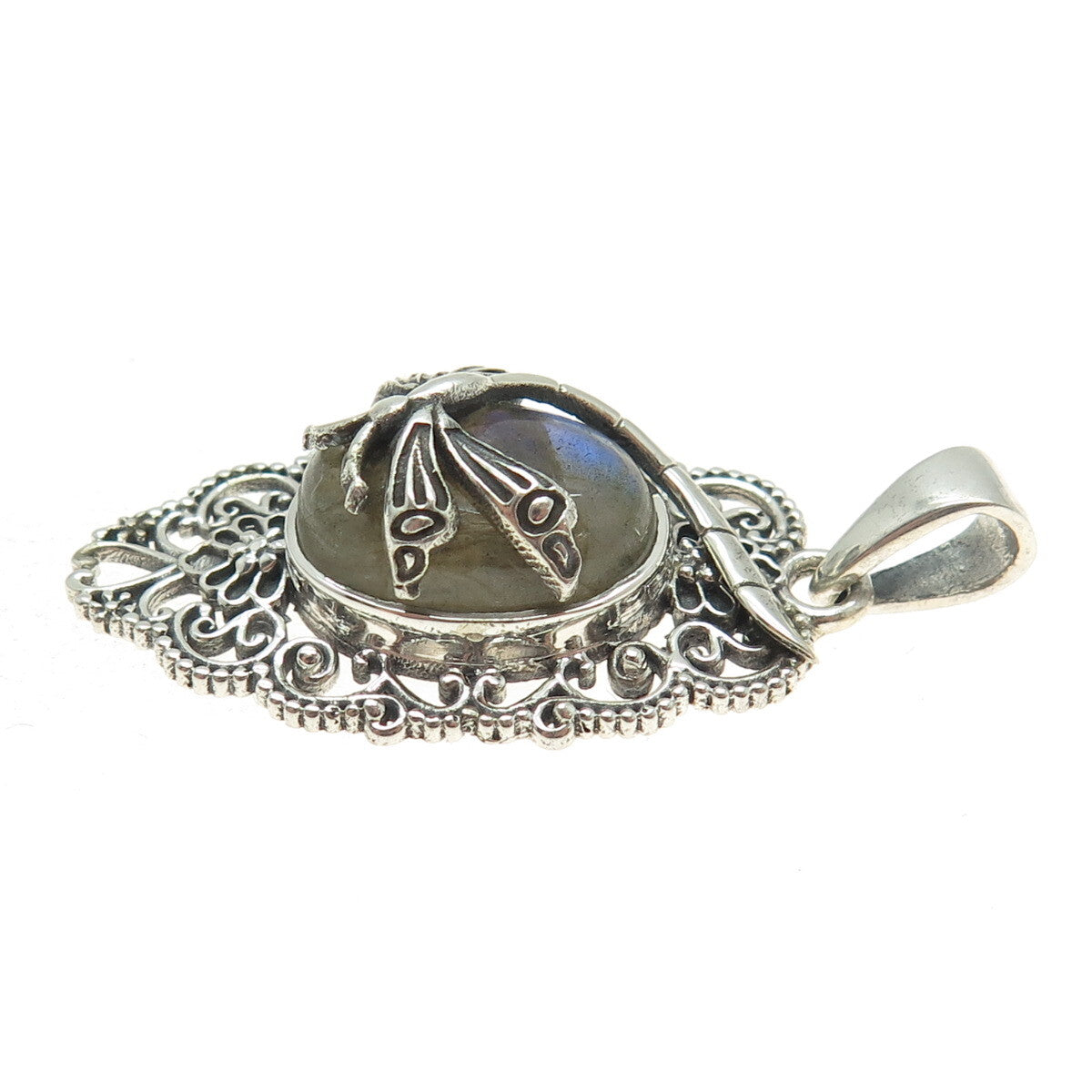 925 Sterling Silver Vintage Real Labradorite Dragonfly Oxidized Pendant