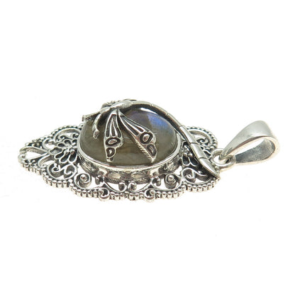 925 Sterling Silver Vintage Real Labradorite Dragonfly Oxidized Pendant