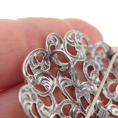 Michele 925 Sterling Silver Antique Art Deco Floral Oxidized Pin Brooch Pendant