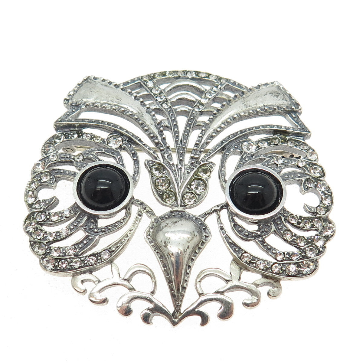 METROPOLITAN MUSEUM OF ART 925 Sterling Silver Vintage Black Onyx Gem Owl Brooch