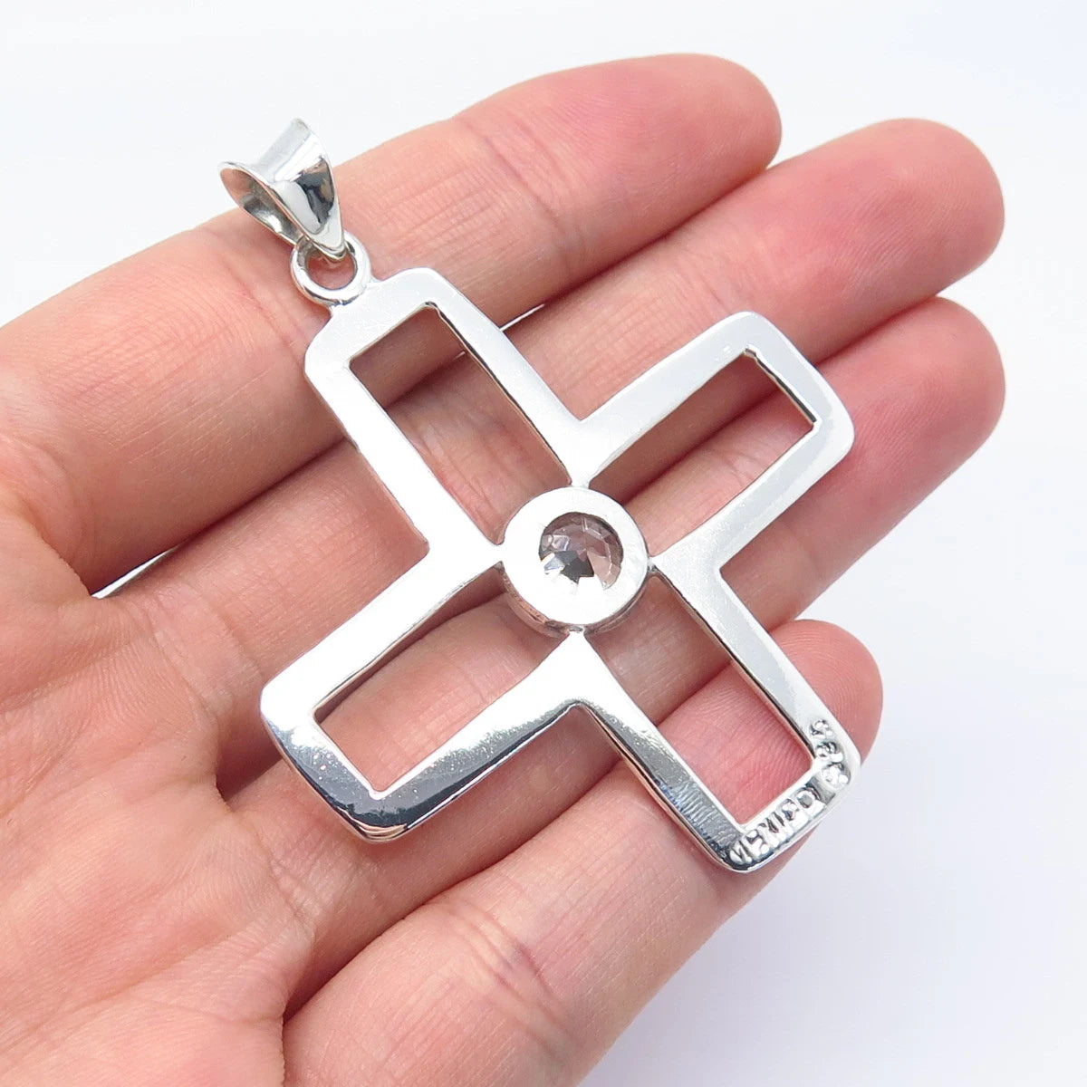 925 Sterling Silver Vintage Mexico Round-Cut C Z Cross Pendant