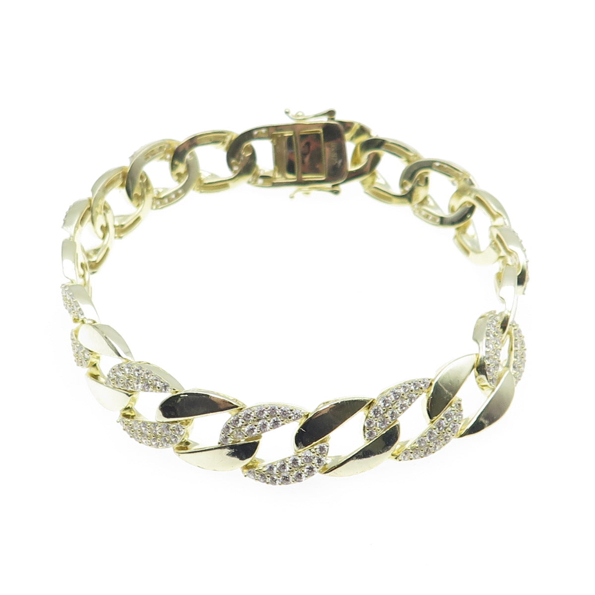 925 Sterling Silver Gold Plated Round-Cut C Z Curb Link Bracelet 8.5"