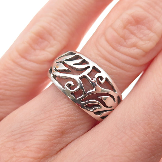925 Sterling Silver Vintage Floral Scroll Oxidized Ring Size 6