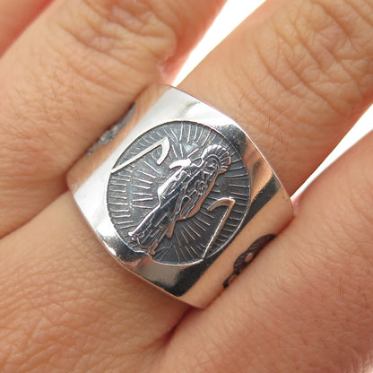 925 Sterling Silver Vintage Santa Muerte Oxidized Ring Size 8.75